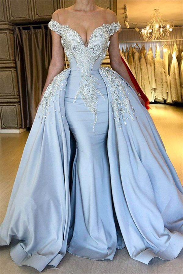 Elegant Sky Blue Mermaid Off the shoulder Prom Dresses | Sweetheart Discount Overskirt Evening Dresses Online-Babyonlinewholesale