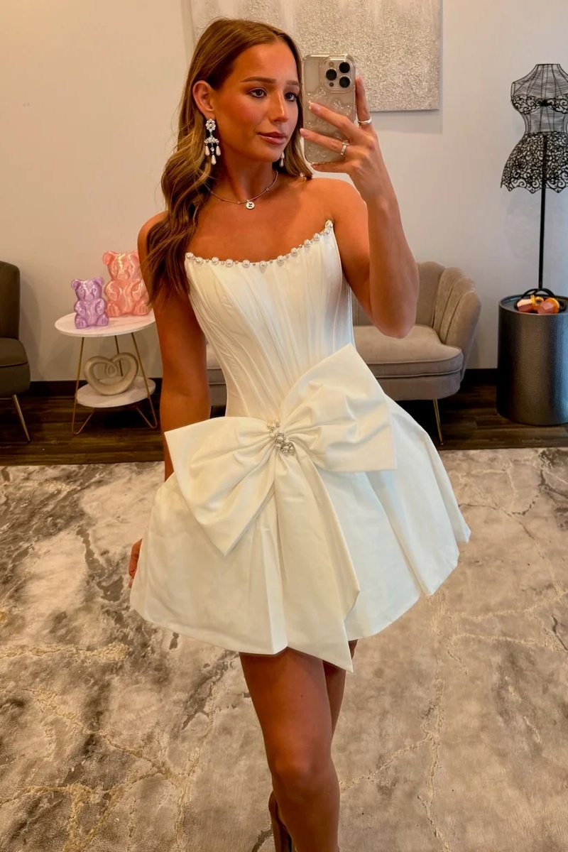 White Strapless Beaded Corset A-Line Short Homecoming Dress with Bow