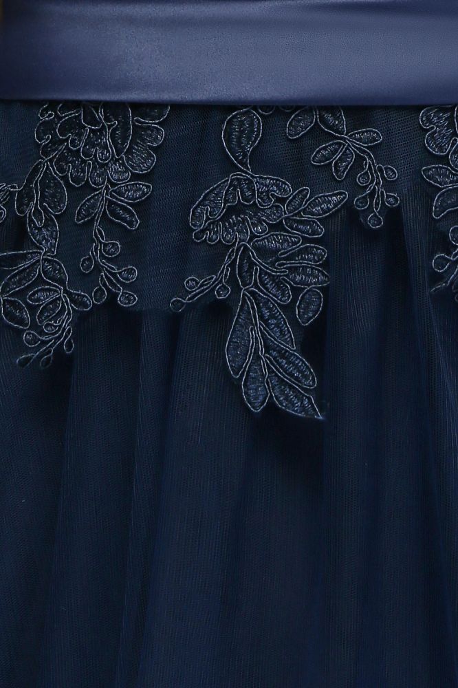 NANA | A-line Half Sleeves Floor Length Slit Appliqued Tulle Prom Dresses with Sash