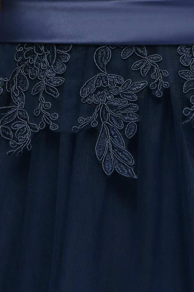 NANA | A-line Half Sleeves Floor Length Slit Appliqued Tulle Prom Dresses with Sash