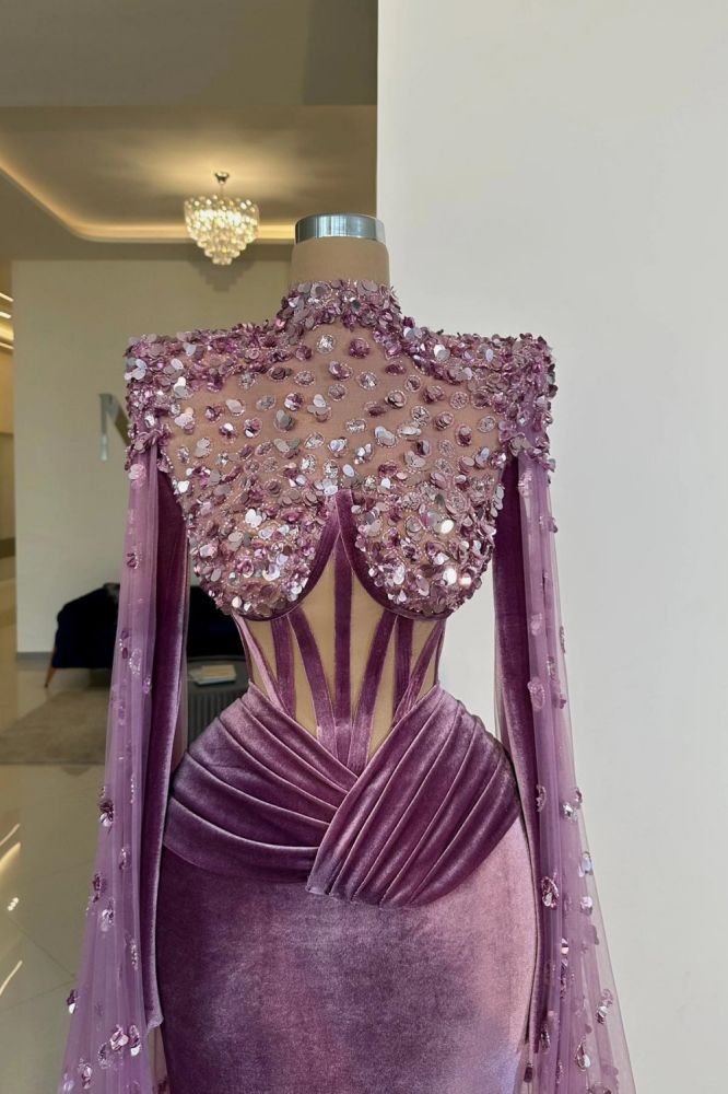 Fabulous High Neck Mermaid Velvet Floor-Length Prom Dresses with Watteau Train