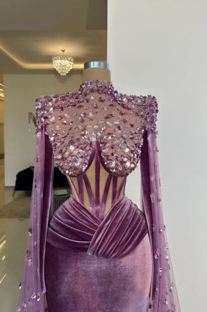 Fabulous High Neck Mermaid Velvet Floor-Length Prom Dresses with Watteau Train