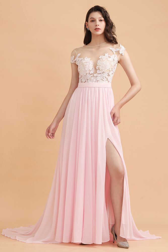 Cap Sleeves Lace Appliques Bridesmaid Dress Pink Chiffon Aline Wedding Party Dress with Side Slit