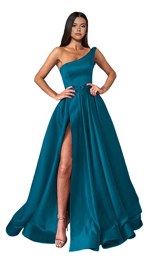 One shoulder Burgundy High Split A-line Ball Gown Prom Dresses