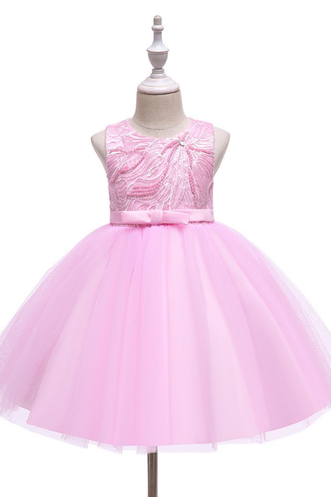 Dusty pink sleeveless knee length belt flower girl dress