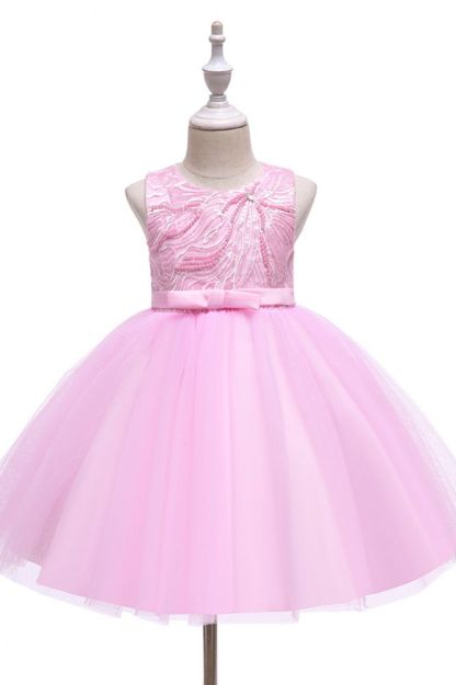 Dusty pink sleeveless knee length belt flower girl dress