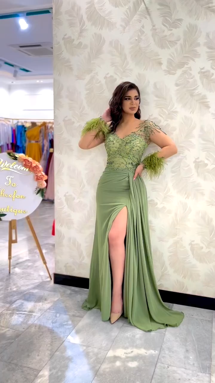 Stunning Beadings Satin Evening Dress Long Sleeves Side Split Sage Prom Dress with Feather