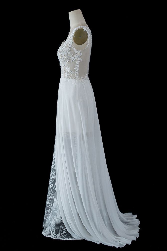V-neck Lace Sleeveless White Chiffon Wedding Dresses