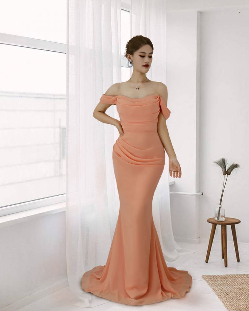 Off the shoulder Orange Mermaid Long Prom Dresses