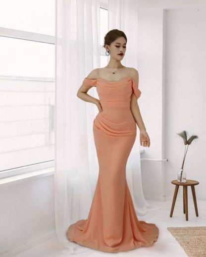 Off the shoulder Orange Mermaid Long Prom Dresses
