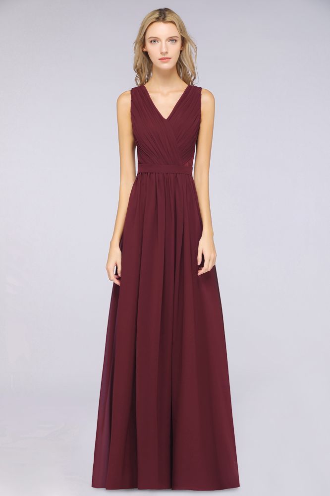 Chiffon A-Line Lace V-Neck Sleeveless Long Bridesmaid Dress with Ruffles