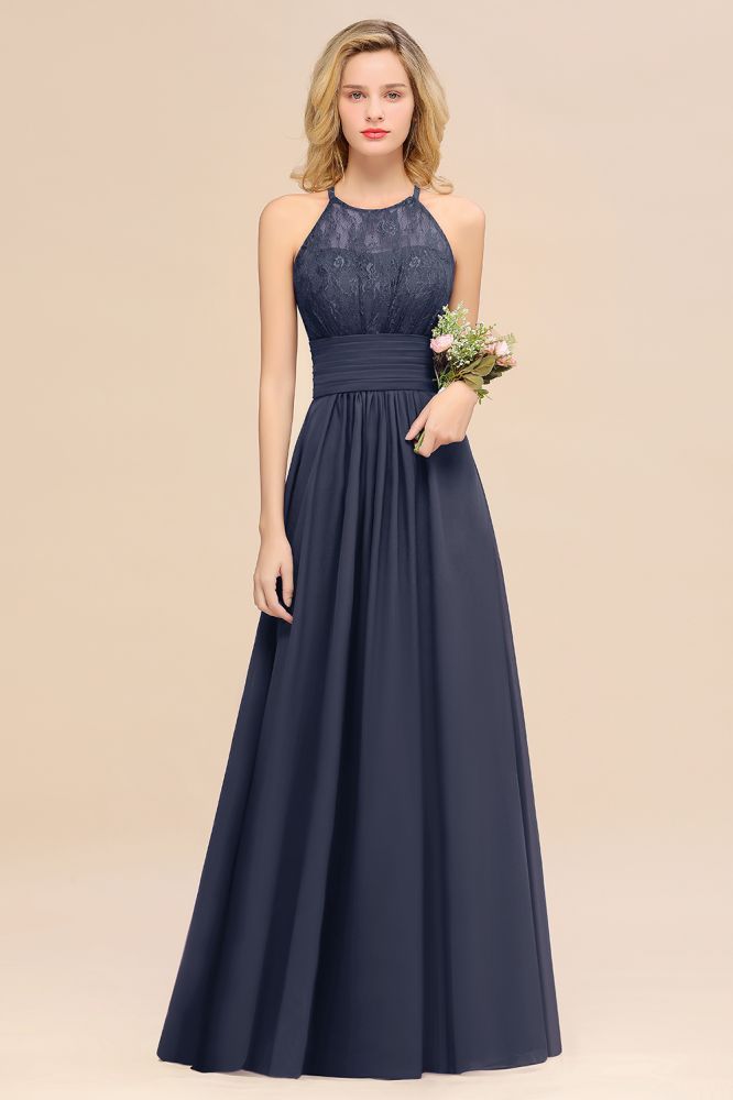 Purple Elegant Halter Hollow Lace Aline Maid of Honor Dress Floor Length Chiffon Bridesmaid Dress