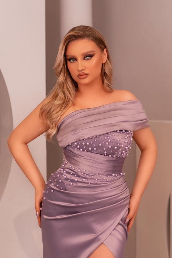 Lilac One Shouler Floor Length Beading Zipper Satin Prom Dress with Ruffles