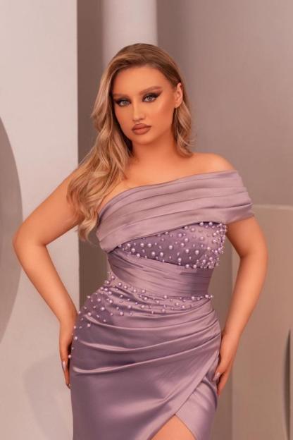 Lilac One Shouler Floor Length Beading Zipper Satin Prom Dress with Ruffles