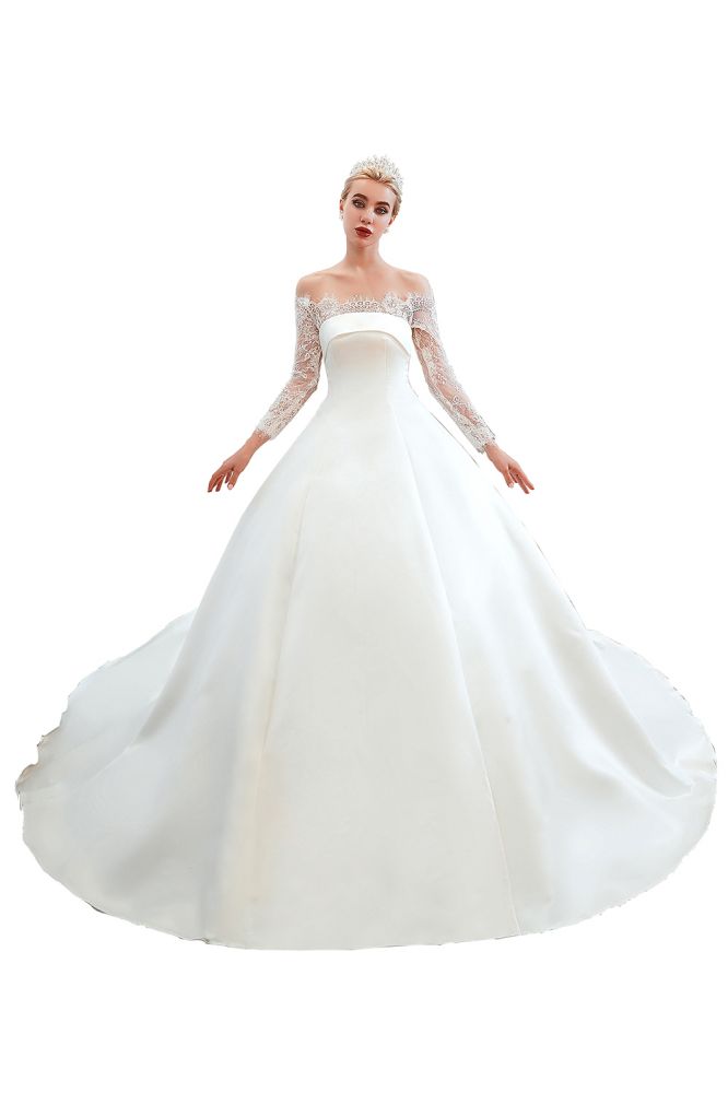 Romantic Lace Long Sleeves Princess Satin Wedding Dress | Princess Bridal Gowns with Cathedral Train