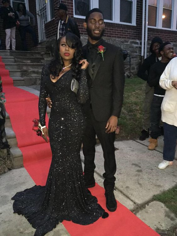 Sparkly Black Sequins Long-Sleeves Deep-V-Neck Alluring Prom Dresses