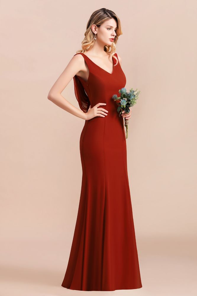 Burgundy V-Neck Aline Wedding Party Dress Sleeveless Bridesmaid Dress with Cape