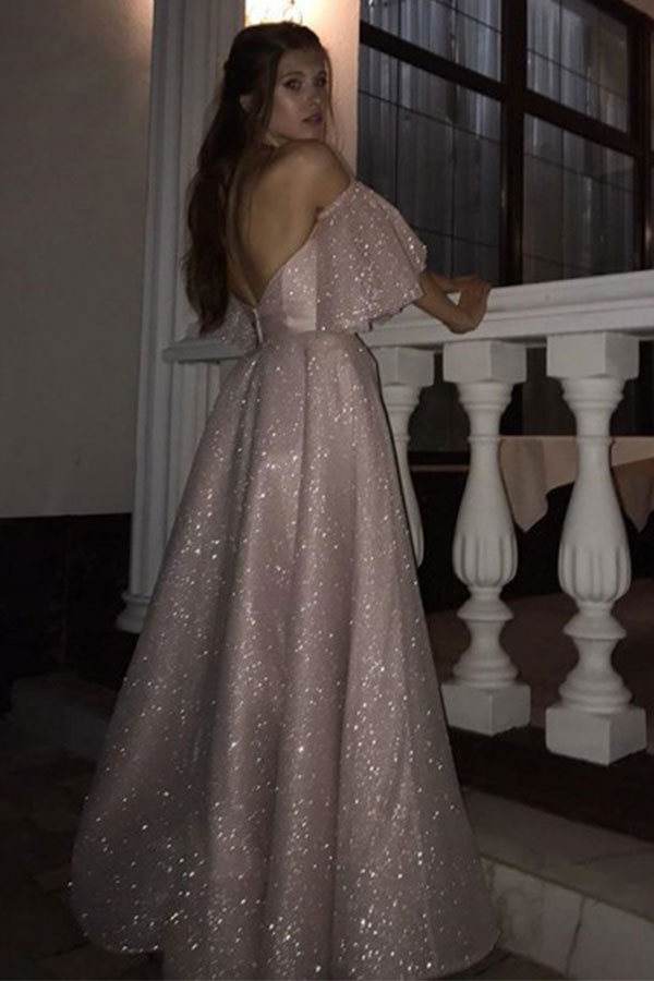 Sparkle Pearl Pink Sequined High Split A-line Prom Dress with Bracelet