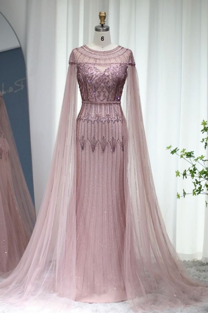 Luxury Scoop Neck Beading Mermaid Evening Dress Cape Sleeves Dubai Wedding Party Gown