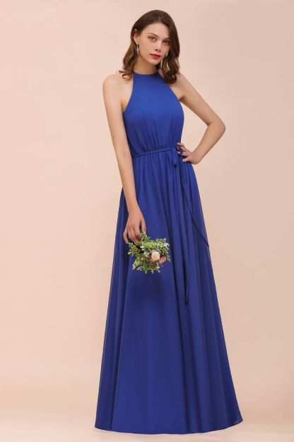 Royal Blue Halter Long Bridesmaid Dress Aline Chiffon Wedding Guest Dress
