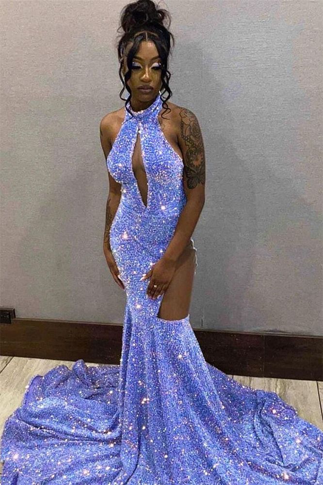 High neck Keyhole Lavender Sequin Mermaid Long Prom Dresses