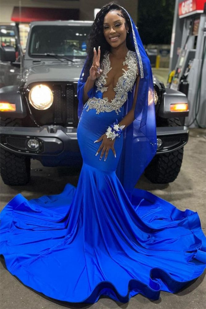 Royal Blue Silver Appliques Mermaid Prom Dresses