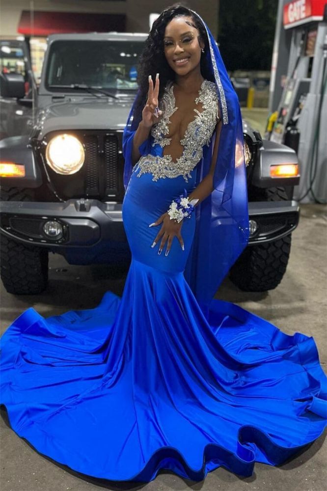 Royal Blue Silver Appliques Mermaid Prom Dresses