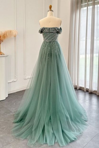 Charming Strapless Beading Mermaid Evening Dress Dubai Tulle Party Gown with Sweep Train