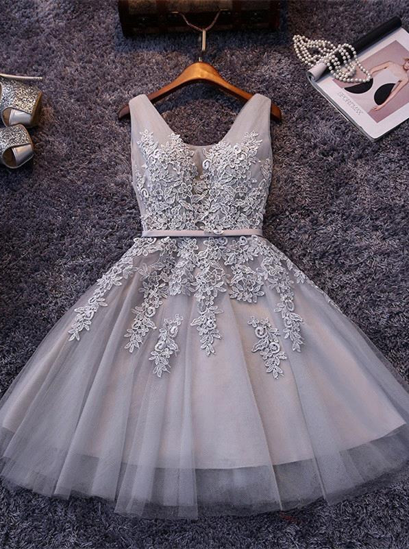 Silver Grey Lace Homecoming Dress | Sleeveless Tulle Short Hoco Dress