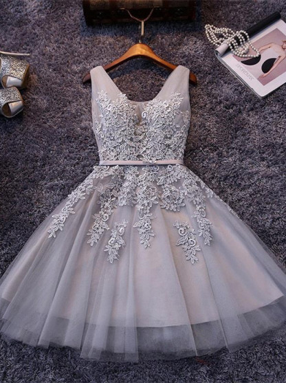 Silver Grey Lace Homecoming Dress | Sleeveless Tulle Short Hoco Dress