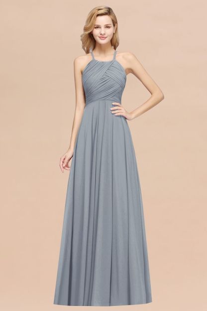A-Line Chiffon Halter Ruffles Floor-Length Bridesmaid Dress