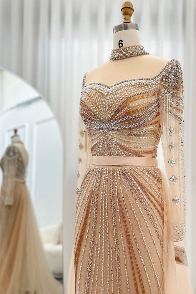 Gorgeous High Neck Beading Sequins Mermaid Evening Gown Long Sleeves Tulle Party Dress with Sweep Train-Babyonlinewholesale