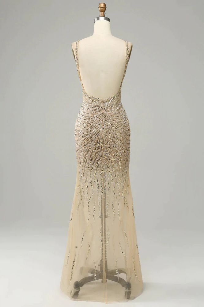 Stunning Golden Beaded Bodycon Long Prom Dress V-Neck Sleeveless Party Dress