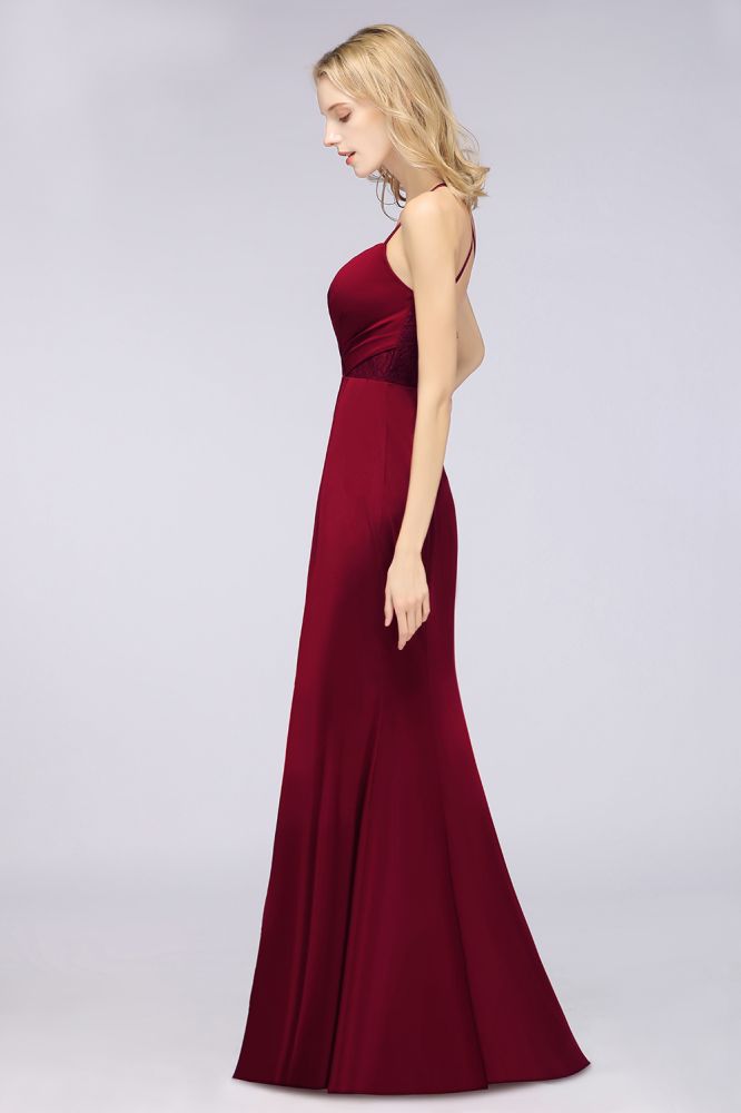 Spandex Lace Mermaid Spaghetti-Straps Sleeveless Long Bridesmaid Dress with Ruffle