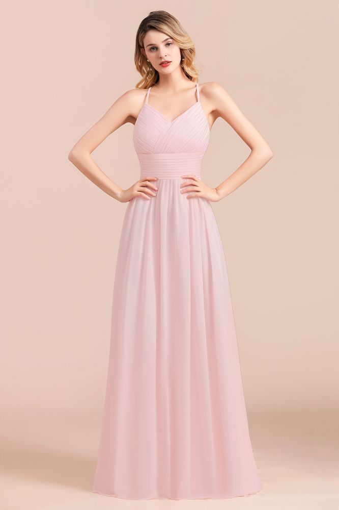 Romantic Spaghetti Straps Pink Chiffon Bridesmaid Dress Aline V-Neck Evening Swing Dress