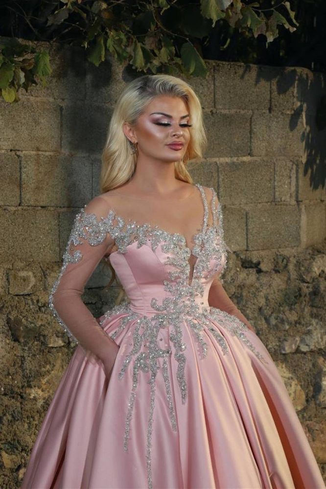 Glamorous Princess V Neck Long Sleeves Prom Dresses With Beads | Pink Ball Gowns