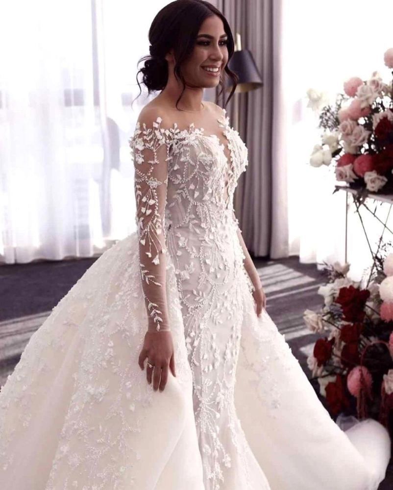 Off-the-shoulder Deep V-neck White Wedding Dress with Overskirt