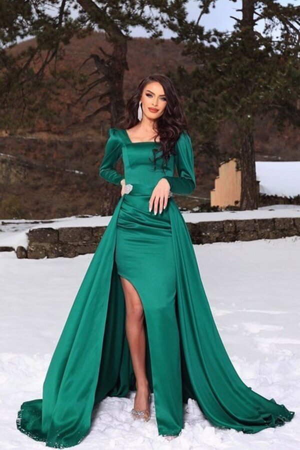 Green Square neck Split Overskirt Prom Dresses