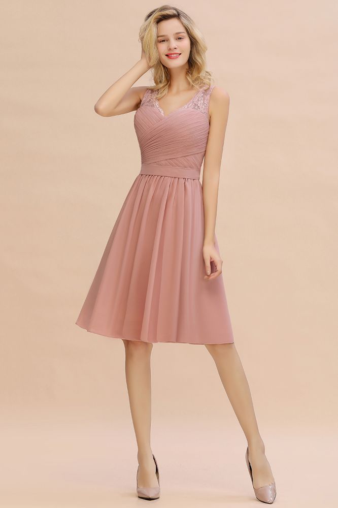 Lace V-neck Long Short Homecoming Dresses with Belt | Sexy Sleeveless V-back Pink Knee length Cocktail Dress-Babyonlinewholesale