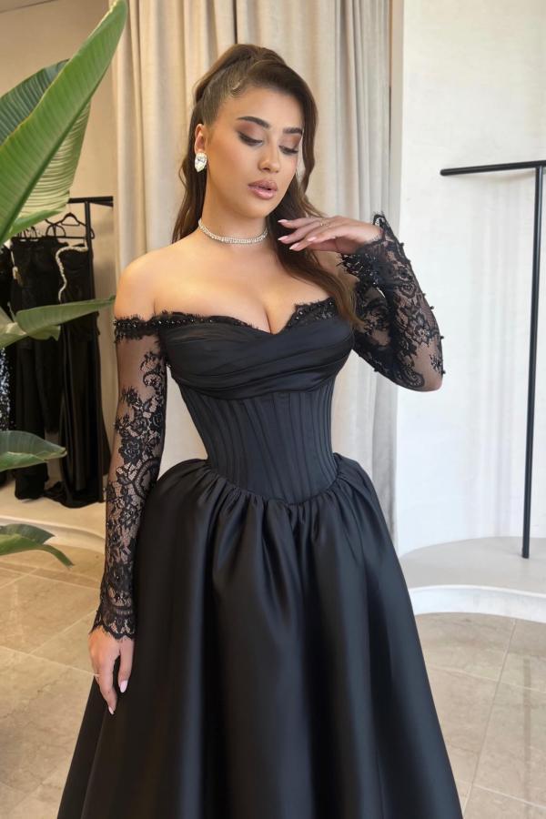 Gorgeous Black Sweetheart Long Sleeves Ankle-Length A-Line Satin Prom Dresses