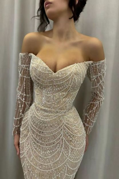 Off-the-Shoulder Long Sleeves Mermaid Prom Dresses Sequins Beadings With Pearls Party Dress