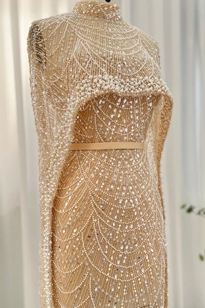 Luxury Pearls Dubai See Through Evening Dress Cape Sleeves Champagne Mermaid Wedding Party Gown