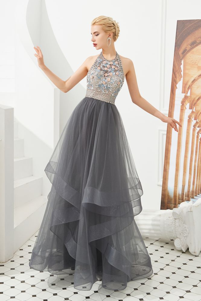 Floral Halter Evening Dress with Sparkle Beads | Trendy Gray Mother of the bride Dress with watermelon and blue decorations-Babyonlinewholesale