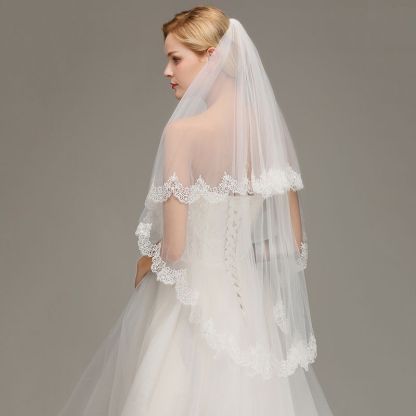 Elegant Two Layers Lace Edge Wedding Veil Appliques Long Bridal Veil