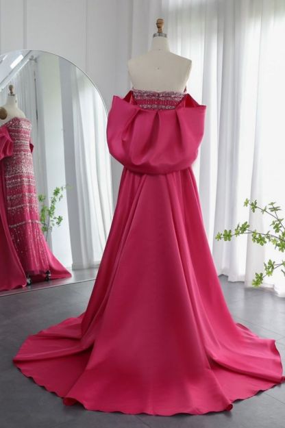 Gorgeous Strapless Glitter Beading Satin Mermaid Evening Gown with Ruffle Chapel Train
