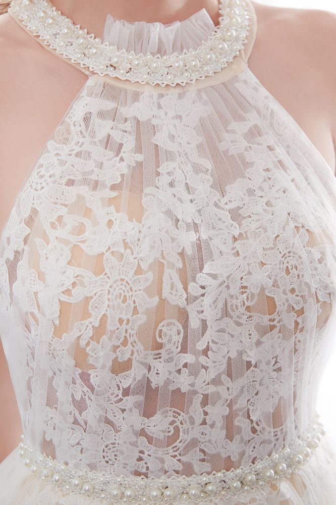 NATALIA | A-line Halter Floor Length Appliqued Tulle Evening Dresses