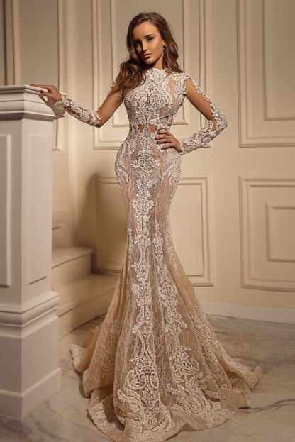 Stunning Floral Lace Long Mermaid Wedding Dress Long Sleeves