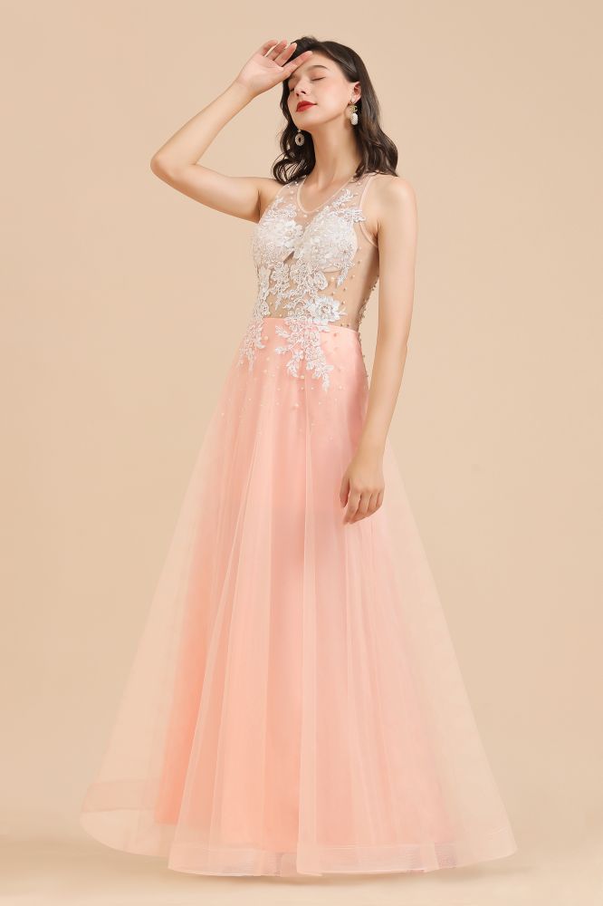 Simple Round neck Lace appliques Pink A-line evening dress