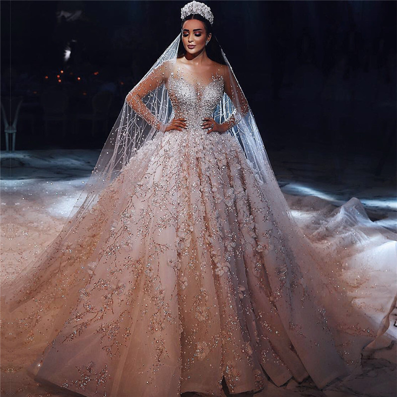 Luxury Beading Floral Bridal Gowns | Sheer Neck Long Sleeves Ball Gown Wedding Dresses