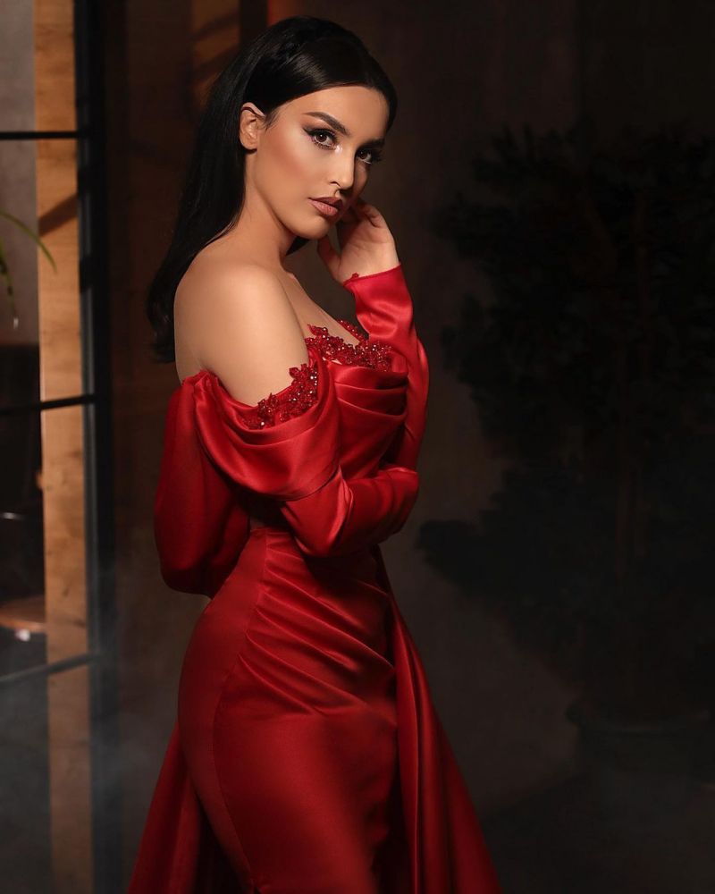 Burgundy off the shoulder long sleeves mermaid prom dress